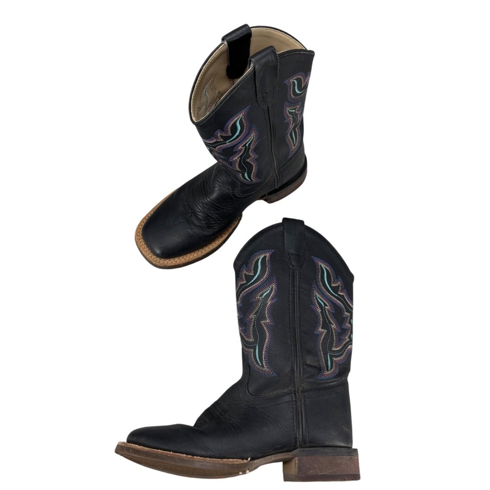 Old West Cowboy Boots Black Leather Square Toe Western Top Stitchign Size 2.0 D